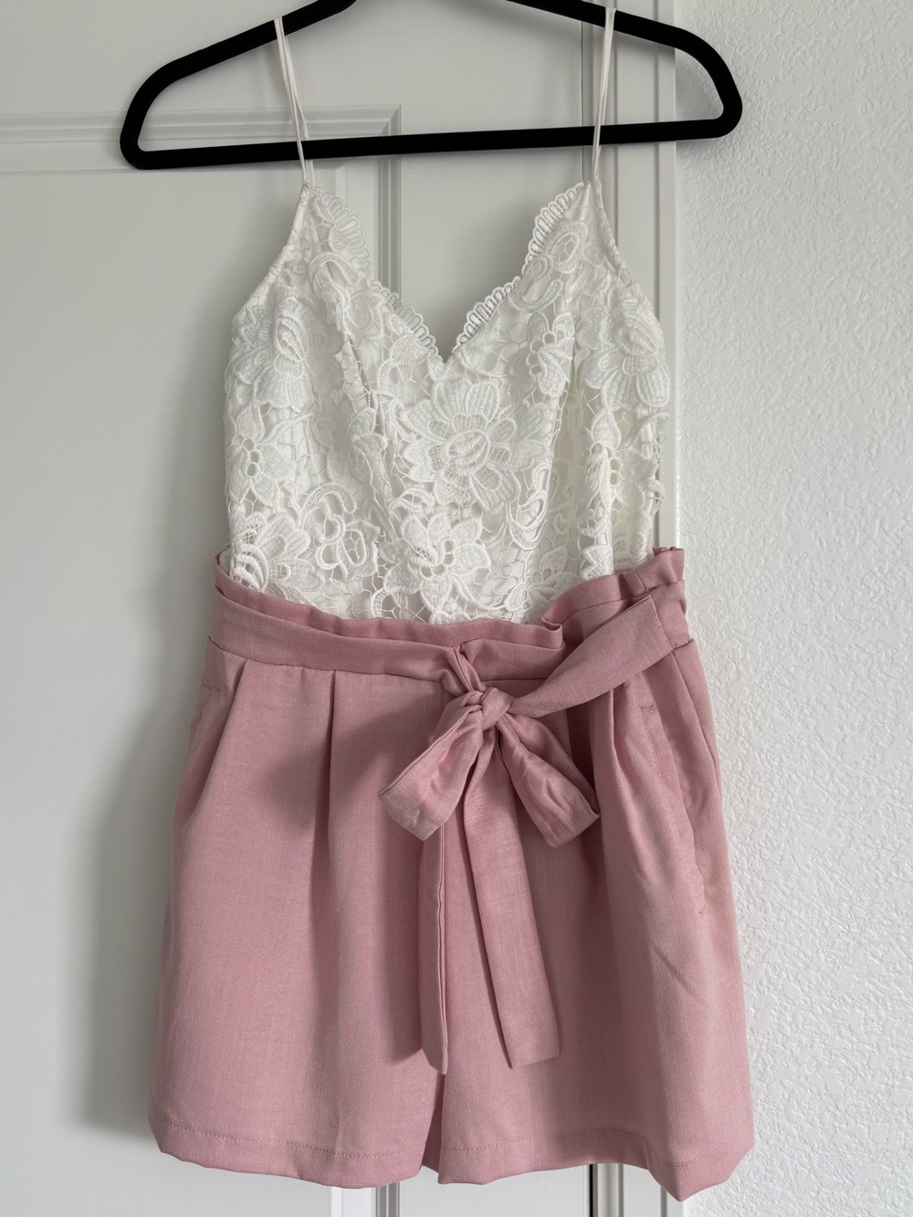 Love Tree White Lace & Dusty Pink Tie-Waist Romper, medium